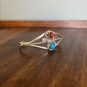 Navajo RB Sterling Silver Cuff Bracelet, Red Coral and Turquoise Stones